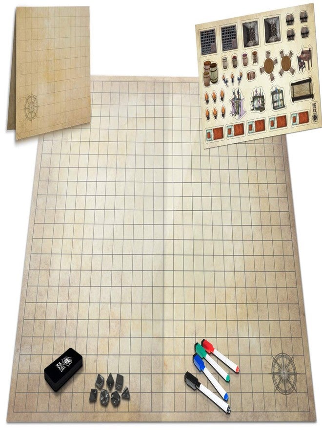 Melee Mats مجموعة خرائط بداية لعبة الاشتباك المباشر DND - 23 بوصة × 27 بوصة، وجهان، قابلة للمسح الجاف والرطب، شبكة تضاريس معركة لألعاب Dungeons and Dragons - مجموعة ألعاب لوحية مع ملحقات - Image 1